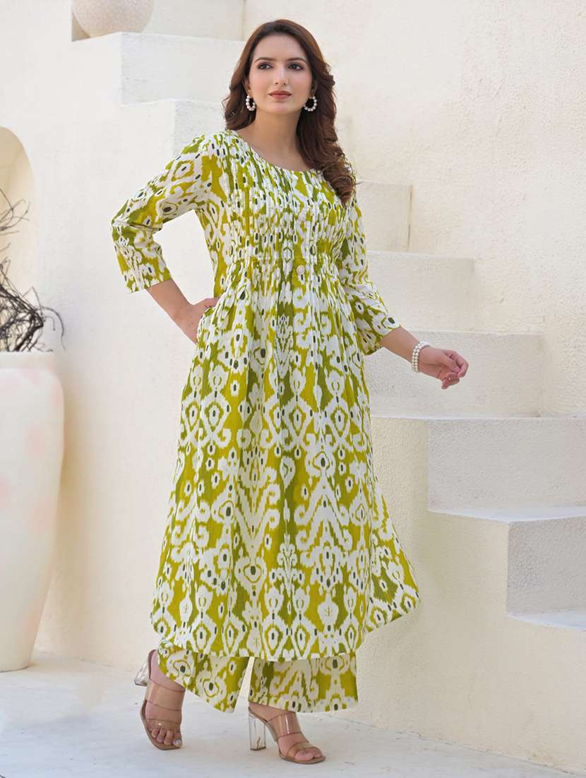 women ikat printed three quarter sleeve kurta pant set - 21972305 -  Standard Image - 2