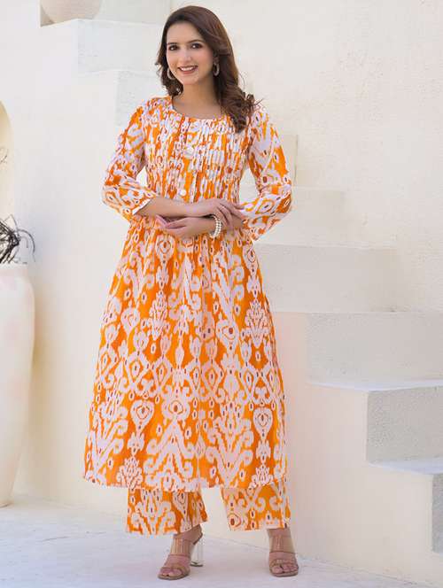 women ikat printed three quarter sleeve kurta pant set - 21972318 - Standard Image - 0