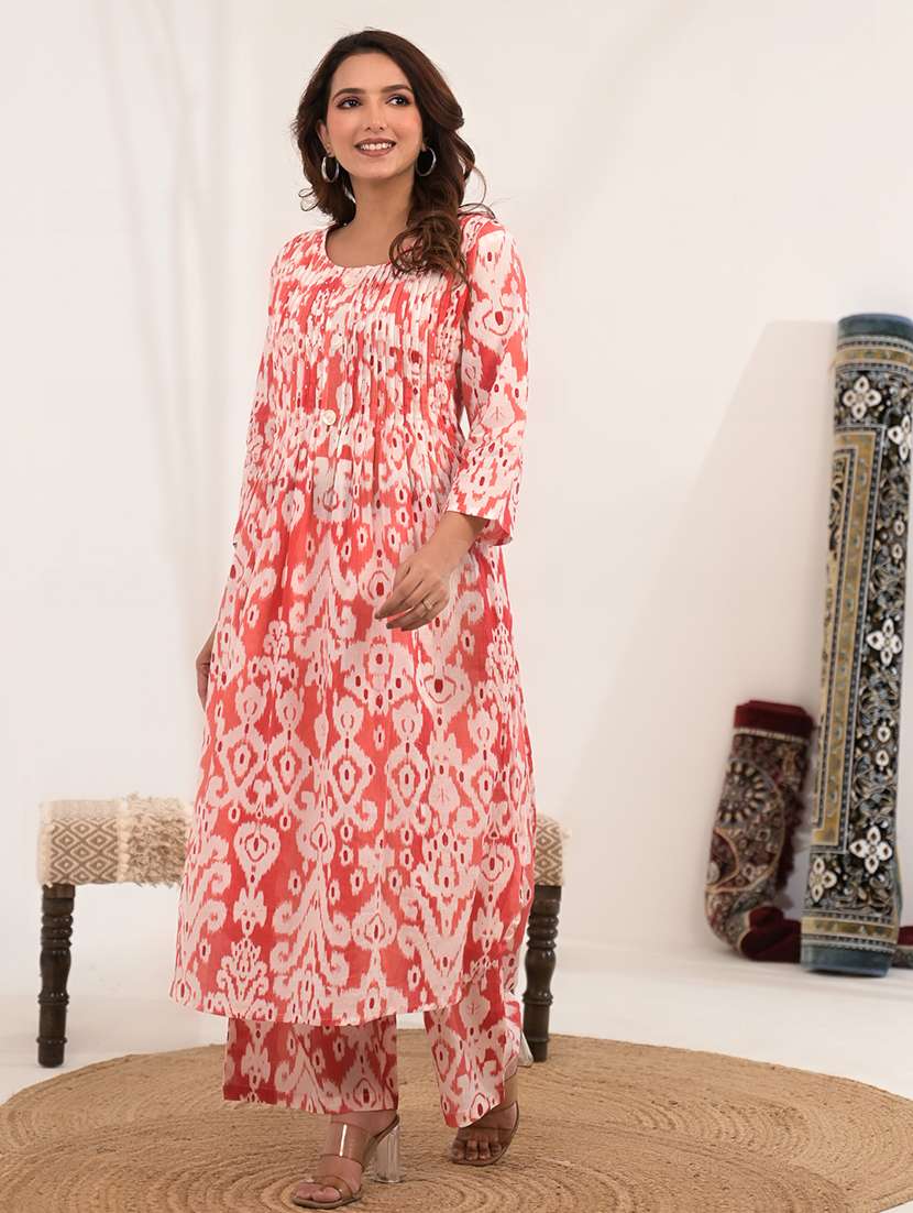 women ikat printed three quarter sleeve kurta pant set - 21972320 - Standard Image - 2