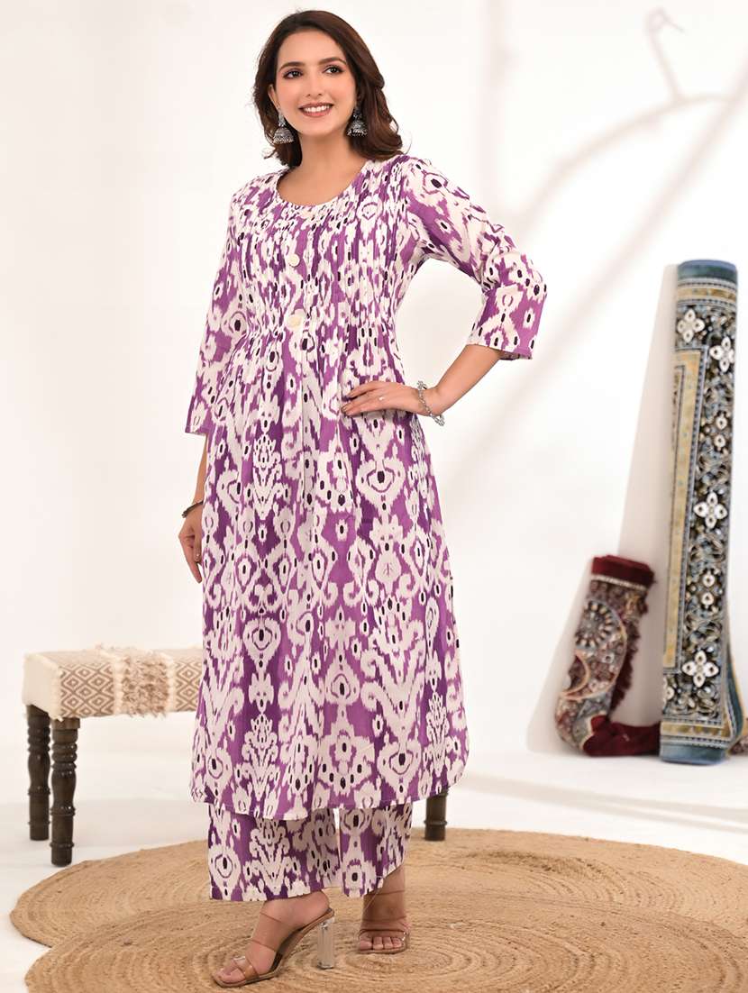women ikat printed three quarter sleeve kurta pant set - 21972321 - Standard Image - 2