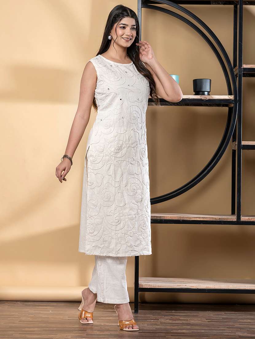 women solid with work sleeveless kurta pant set - 21972329 -  Standard Image - 2