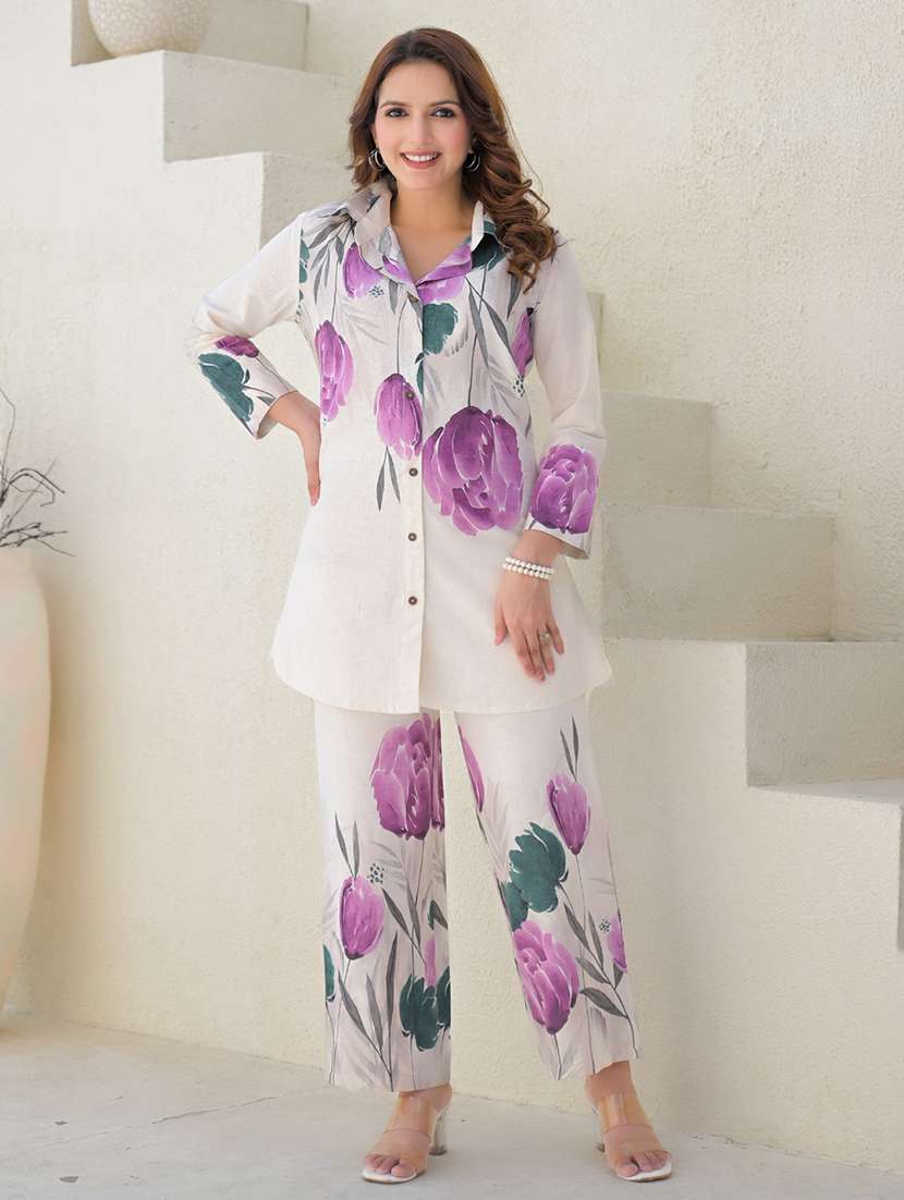 women floral printed three quarter sleeve ethnic co-ord set