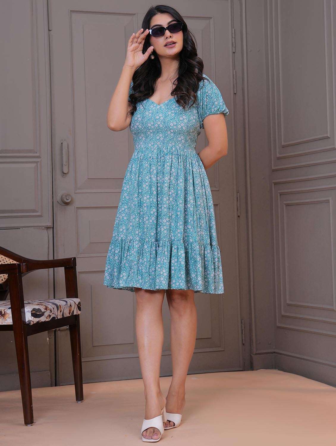 women floral print puff sleeve fit & flare dress