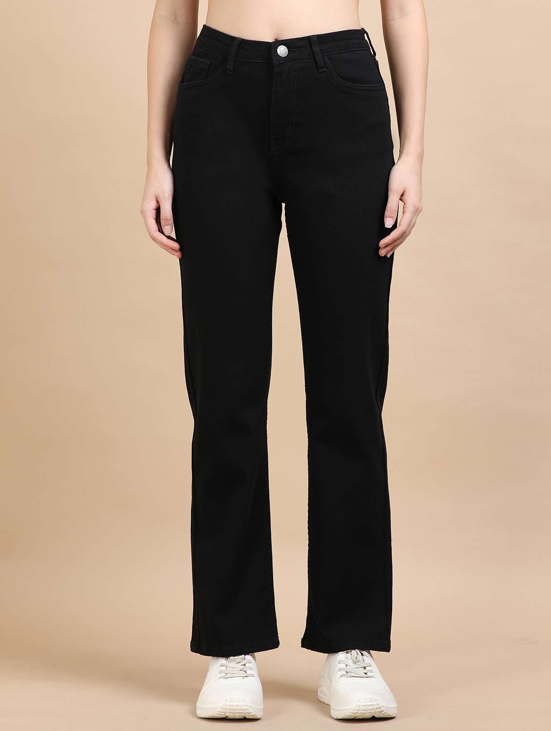 women solid high rise straight fit jean