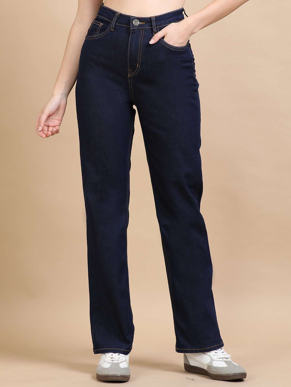 women solid high rise straight fit jean