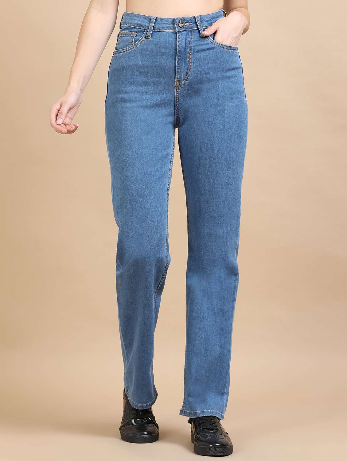 women solid high rise straight fit jean
