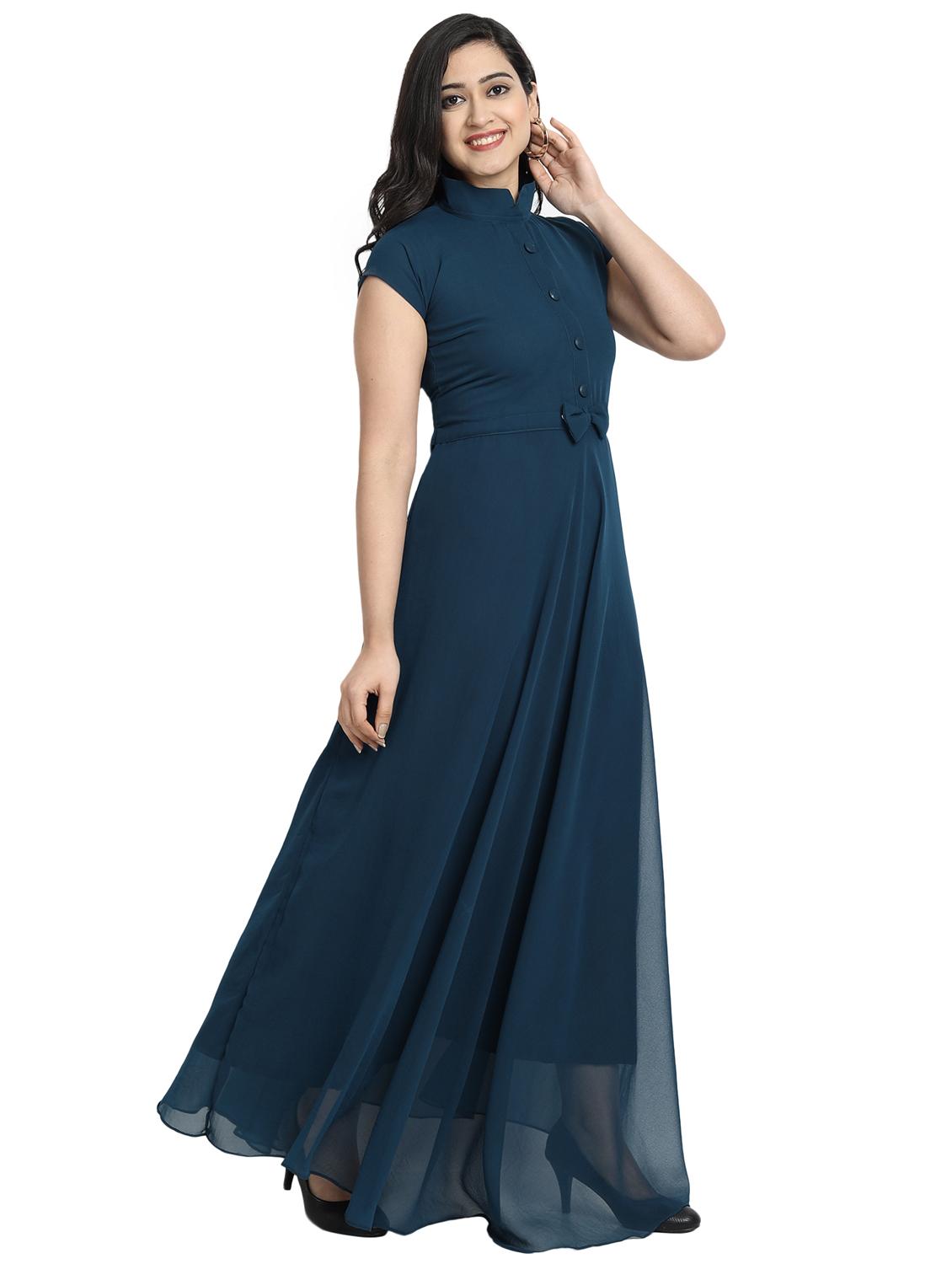 women solid mandarin neck fit & flare dress - 21972563 - Standard Image - 2