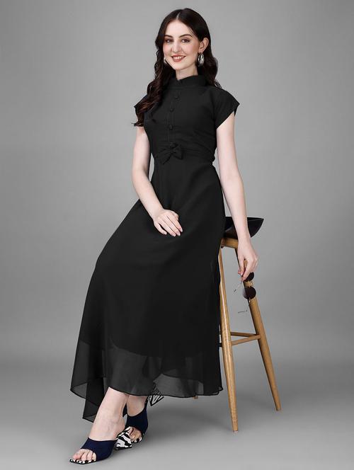 women solid mandarin neck fit & flare maxi dress - 21972568 - Standard Image - 0