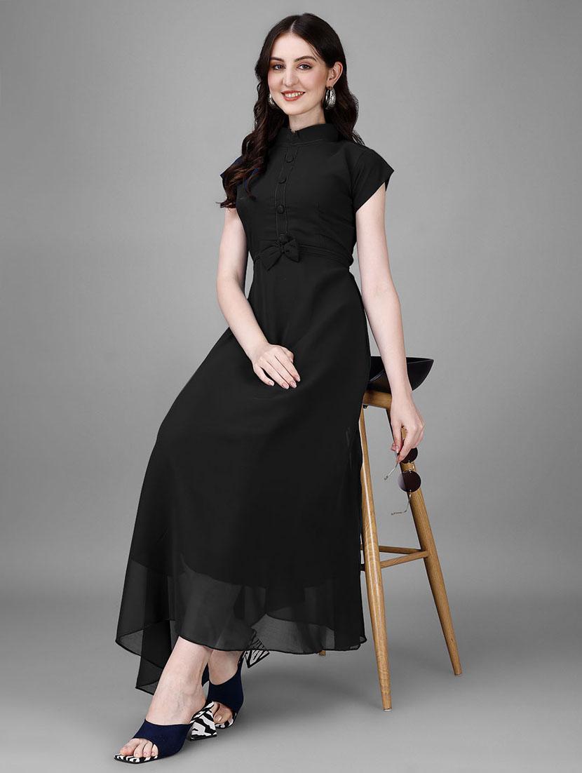 women solid mandarin neck fit & flare maxi dress - 21972568 - Zoom Image - 0