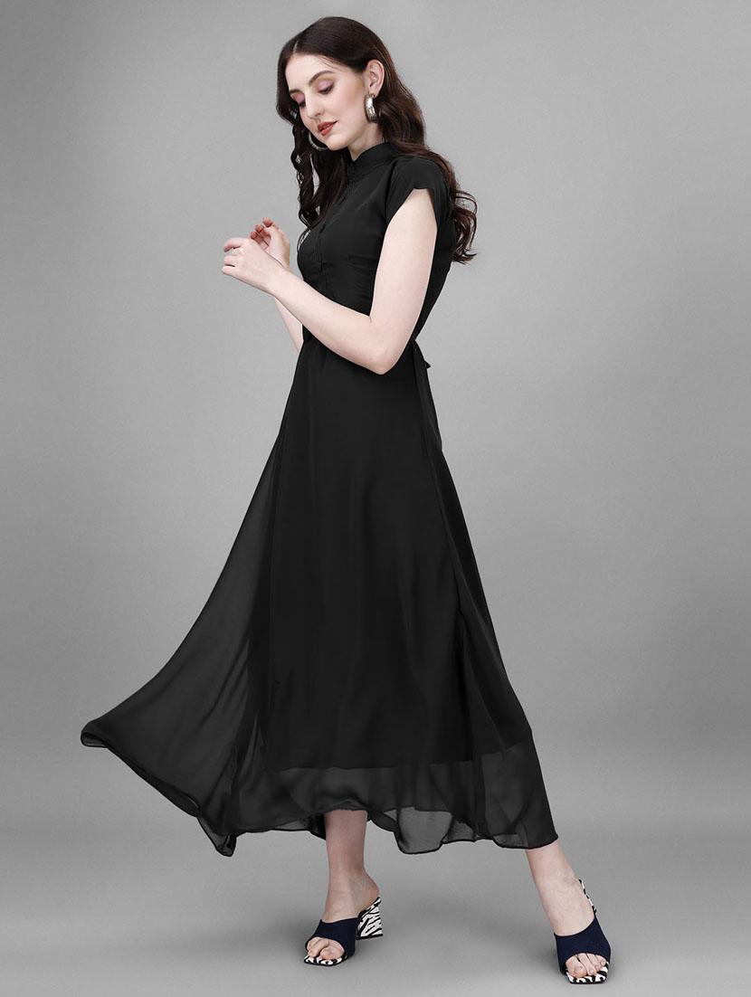 women solid mandarin neck fit & flare maxi dress - 21972568 - Standard Image - 2