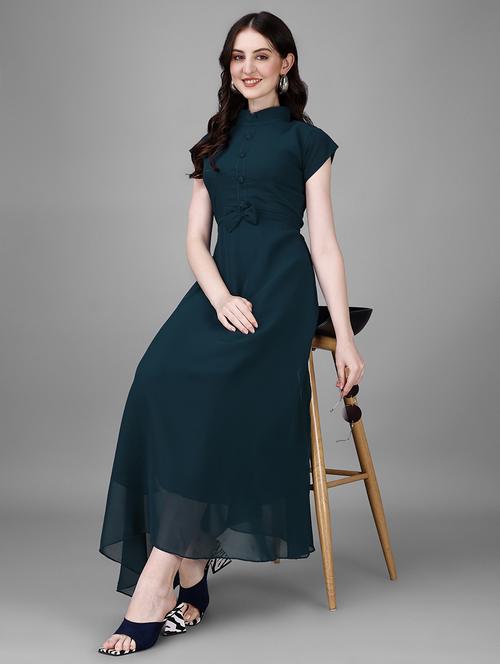 women solid mandarin neck fit & flare maxi dress - 21972569 - Standard Image - 0