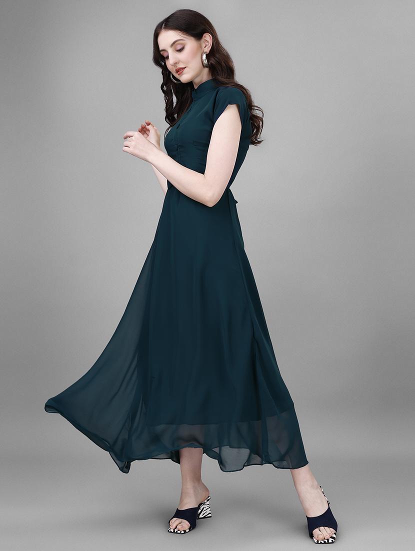 women solid mandarin neck fit & flare maxi dress - 21972569 - Standard Image - 2