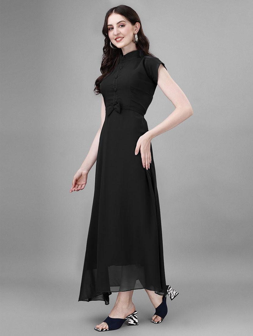 women solid mandarin neck fit & flare maxi dress - 21972571 - Standard Image - 2