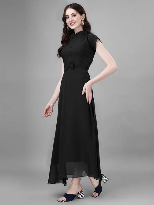 women solid mandarin neck fit & flare maxi dress - 21972574 -  Standard Image - 0