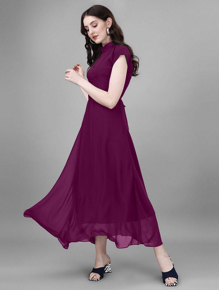 women solid mandarin neck fit & flare maxi dress - 21972576 - Standard Image - 2