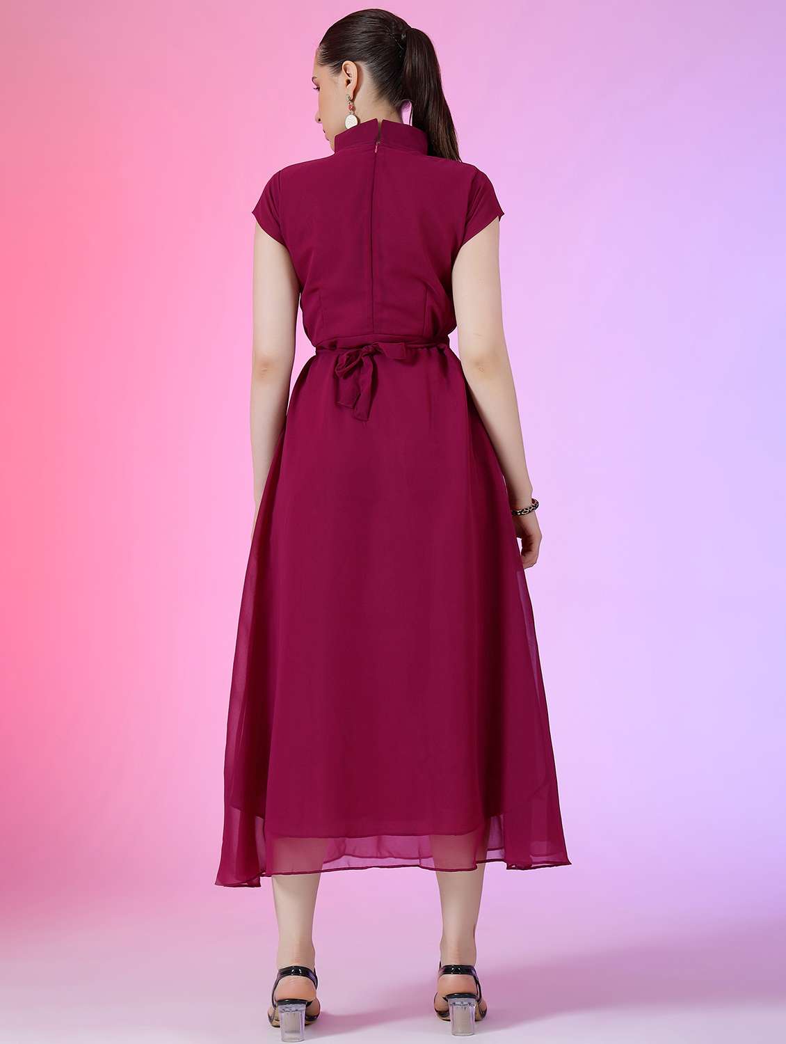 women solid mandarin neck fit & flare maxi dress - 21972579 -  Standard Image - 2