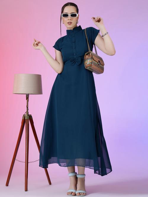 women solid mandarin neck fit & flare maxi dress - 21972582 - Standard Image - 0