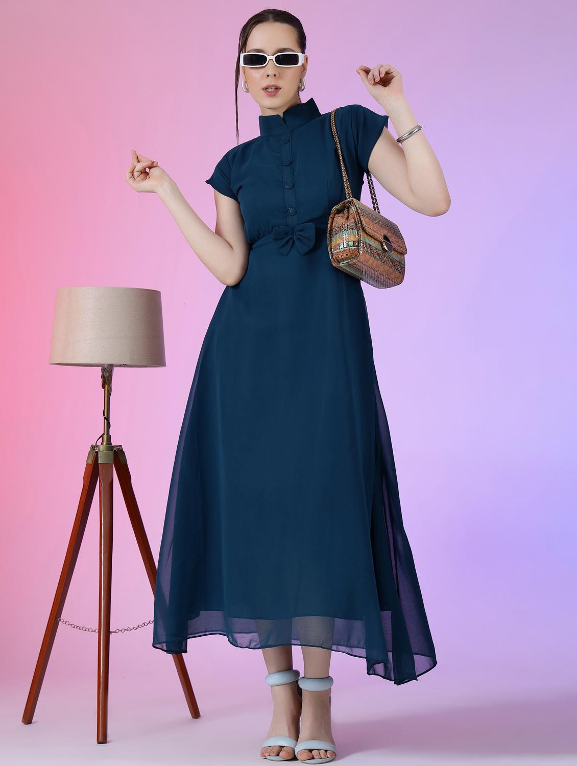 women solid mandarin neck fit & flare maxi dress - 21972582 - Zoom Image - 0