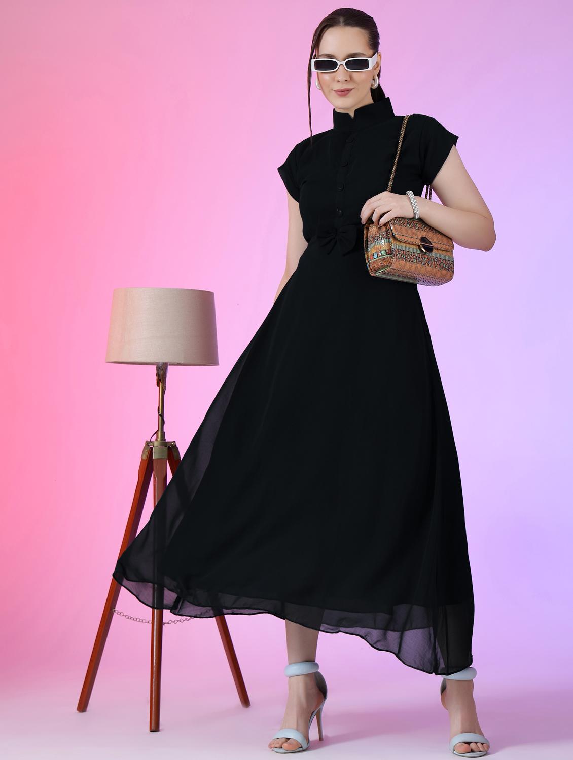 women solid mandarin neck fit & flare maxi dress - 21972584 - Zoom Image - 0