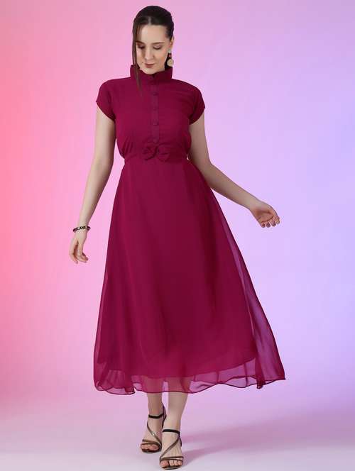 women solid mandarin neck fit & flare maxi dress - 21972586 - Standard Image - 0