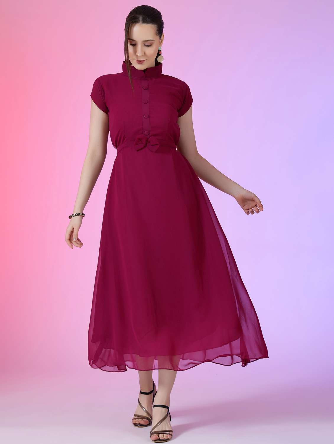 women solid mandarin neck fit & flare maxi dress - 21972586 - Zoom Image - 0
