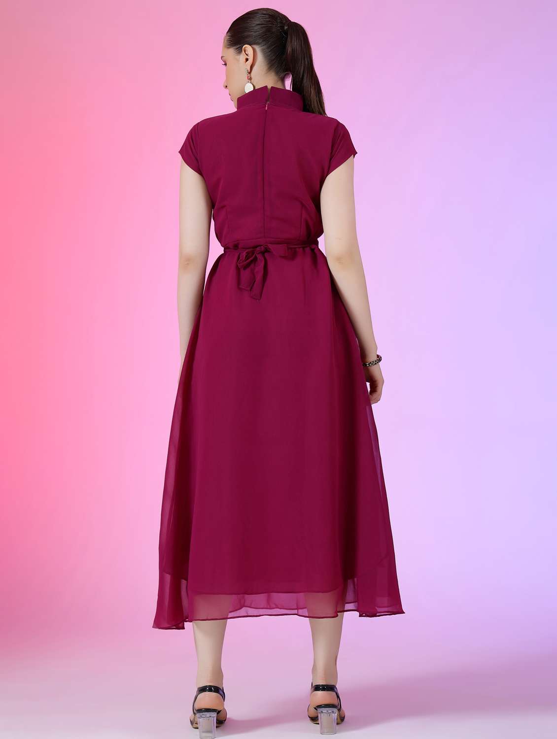 women solid mandarin neck fit & flare maxi dress - 21972586 - Standard Image - 2