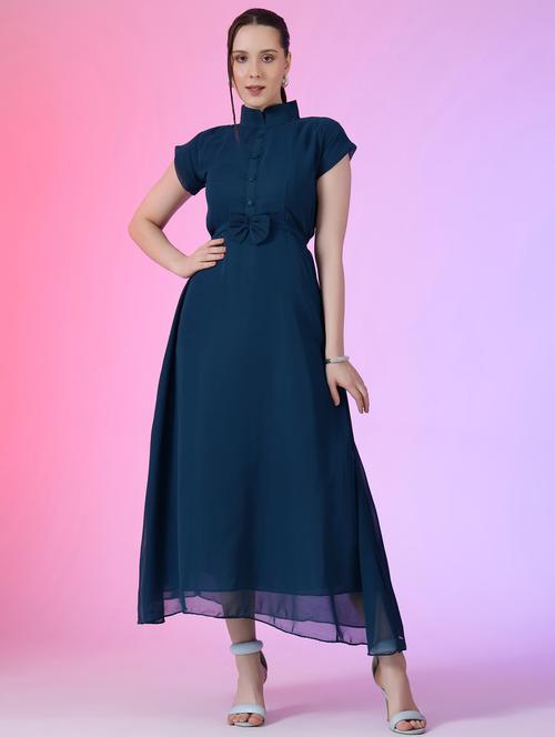 women solid mandarin neck fit & flare maxi dress - 21972588 -  Standard Image - 0