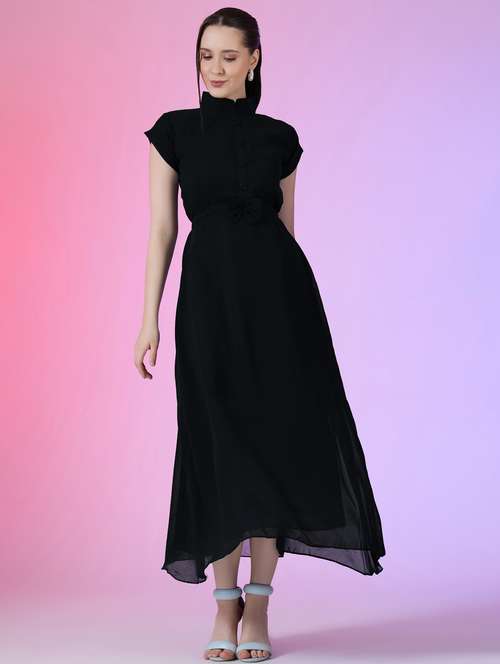women solid mandarin neck fit & flare maxi dress - 21972590 - Standard Image - 0