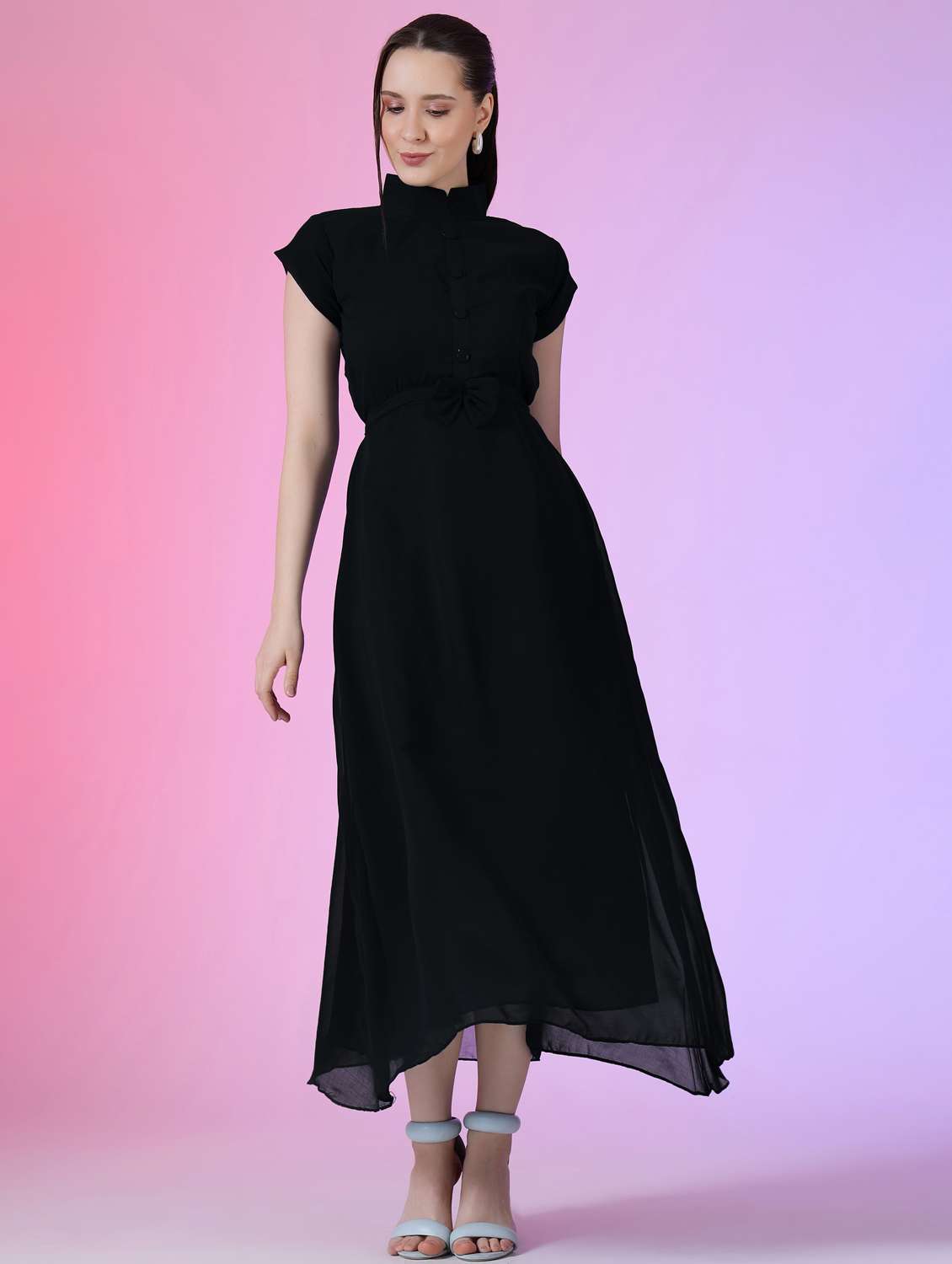 women solid mandarin neck fit & flare maxi dress - 21972590 - Zoom Image - 0