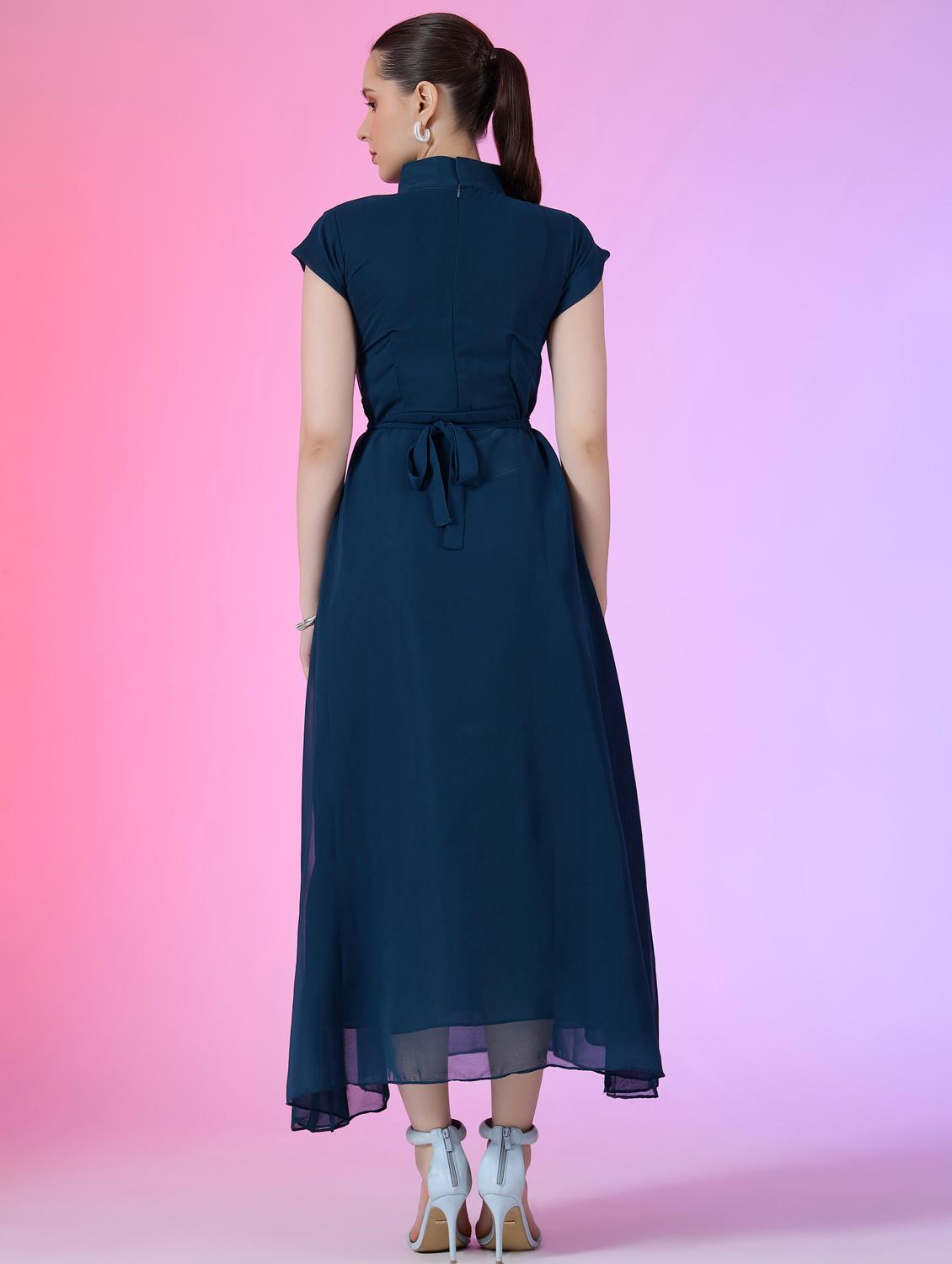 women solid mandarin neck fit & flare maxi dress - 21972591 - Standard Image - 2