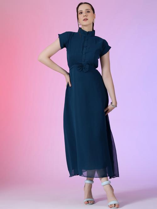 women solid mandarin neck fit & flare maxi dress - 21972594 -  Standard Image - 0