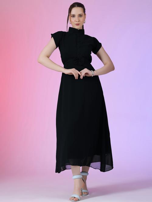 women solid mandarin neck fit & flare maxi dress - 21972596 - Standard Image - 0