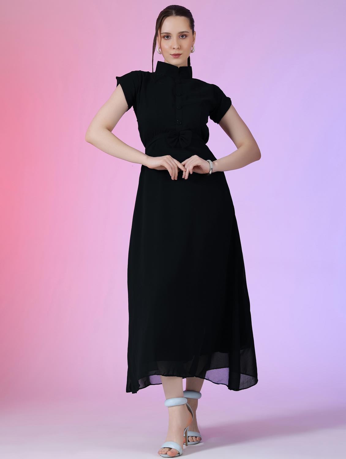 women solid mandarin neck fit & flare maxi dress - 21972596 - Zoom Image - 0