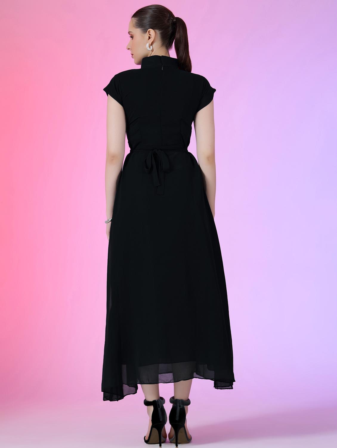 women solid mandarin neck fit & flare maxi dress - 21972596 - Standard Image - 2