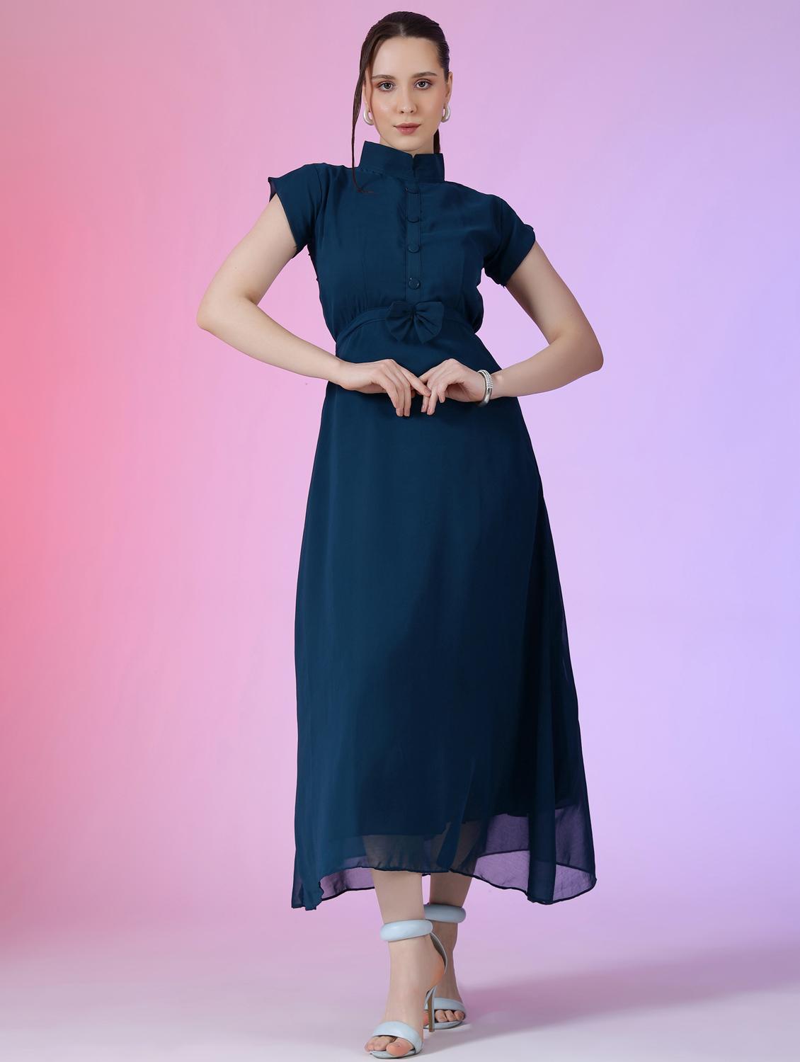 women solid mandarin neck fit & flare maxi dress - 21972597 -  Zoom Image - 0