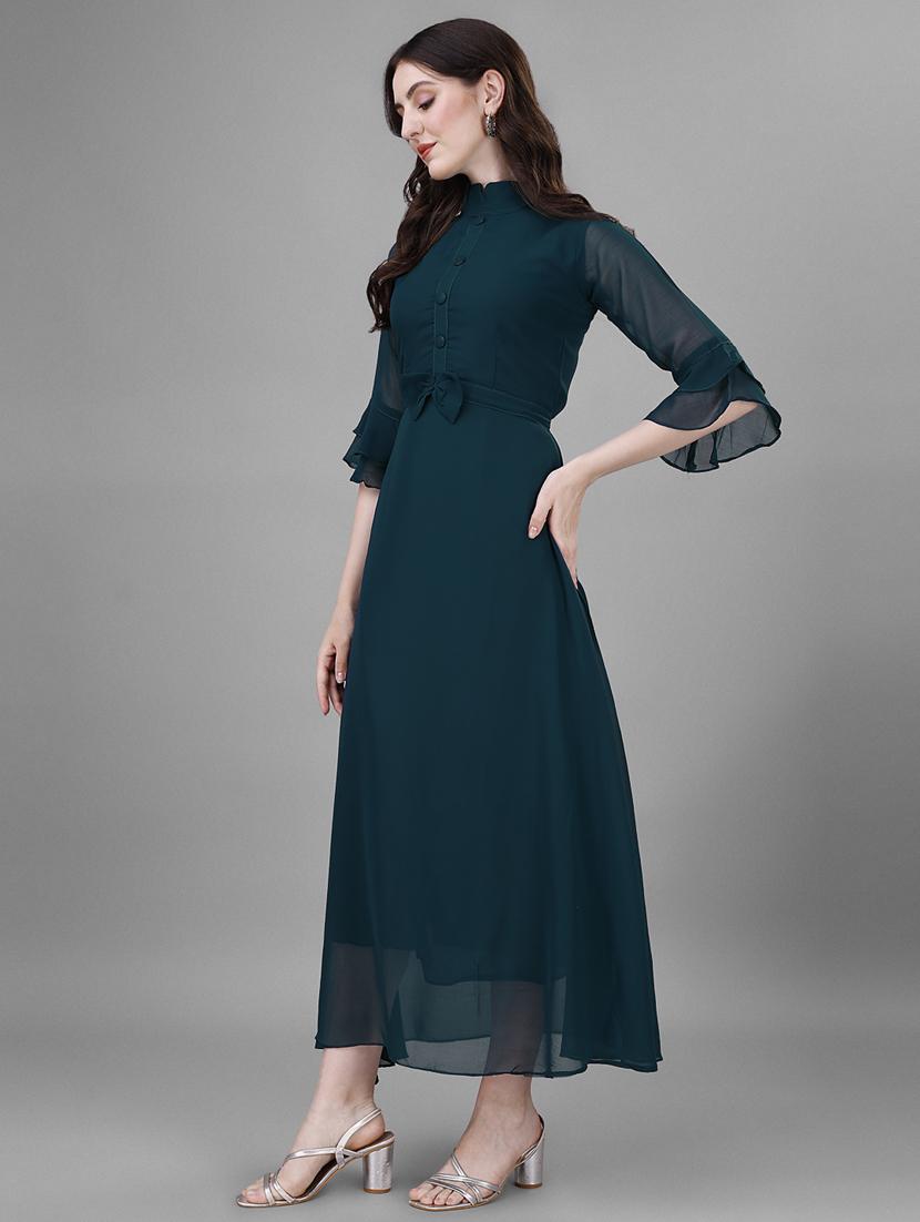 women solid mandarin neck fit & flare dress - 21972606 - Standard Image - 2