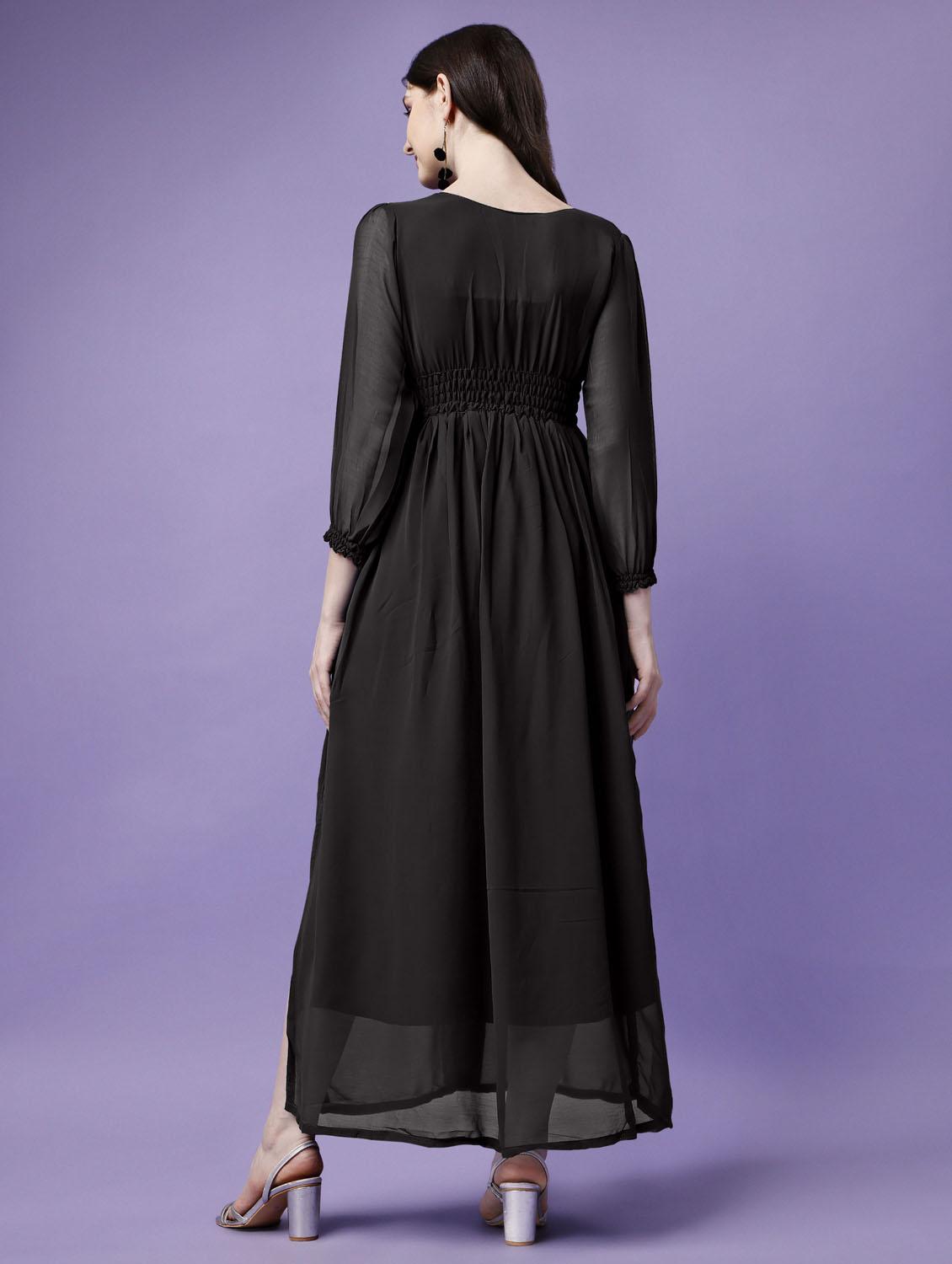 women solid puff sleeve fit & flare maxi dress - 21972621 - Standard Image - 2