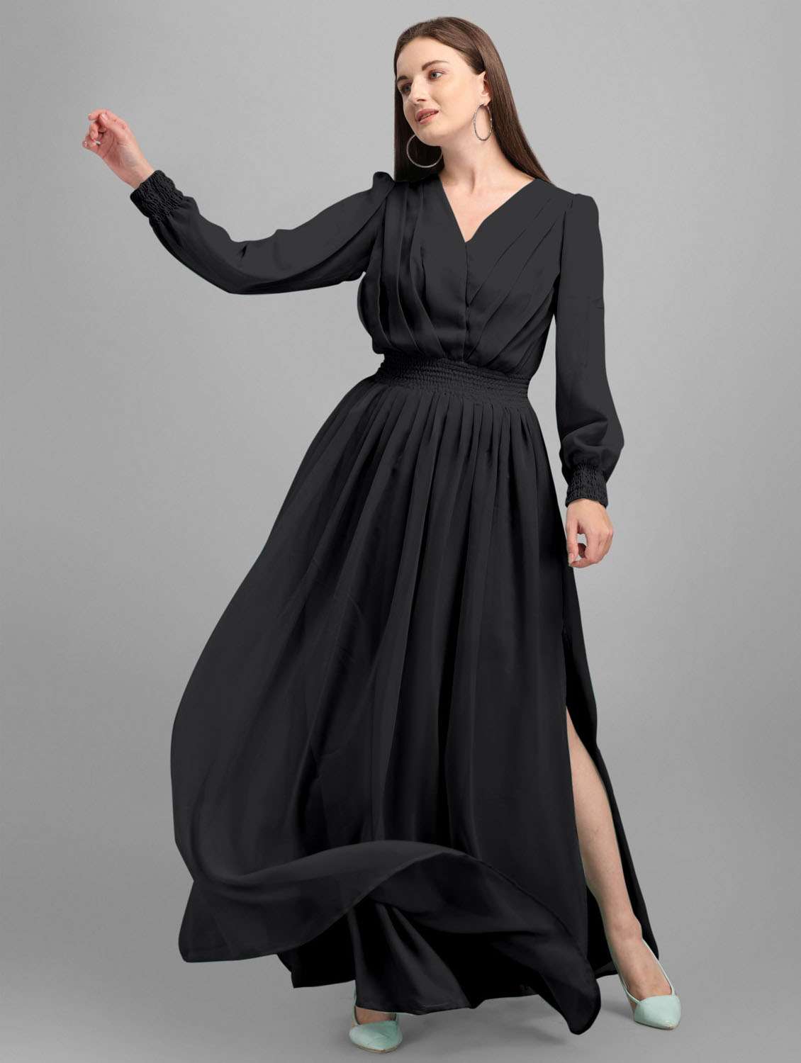 women solid puff sleeve fit & flare maxi dress