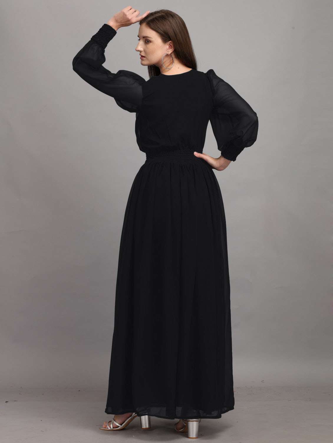 women solid puff sleeve fit & flare maxi dress - 21972623 - Standard Image - 2
