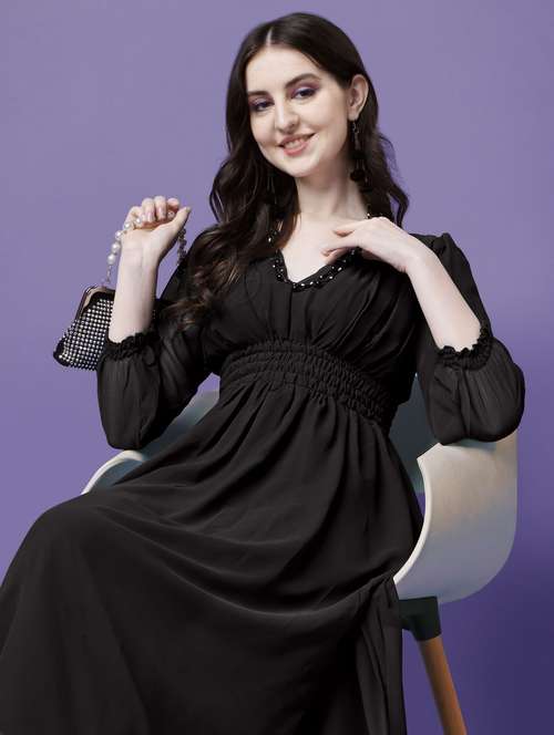 women solid puff sleeve fit & flare maxi dress