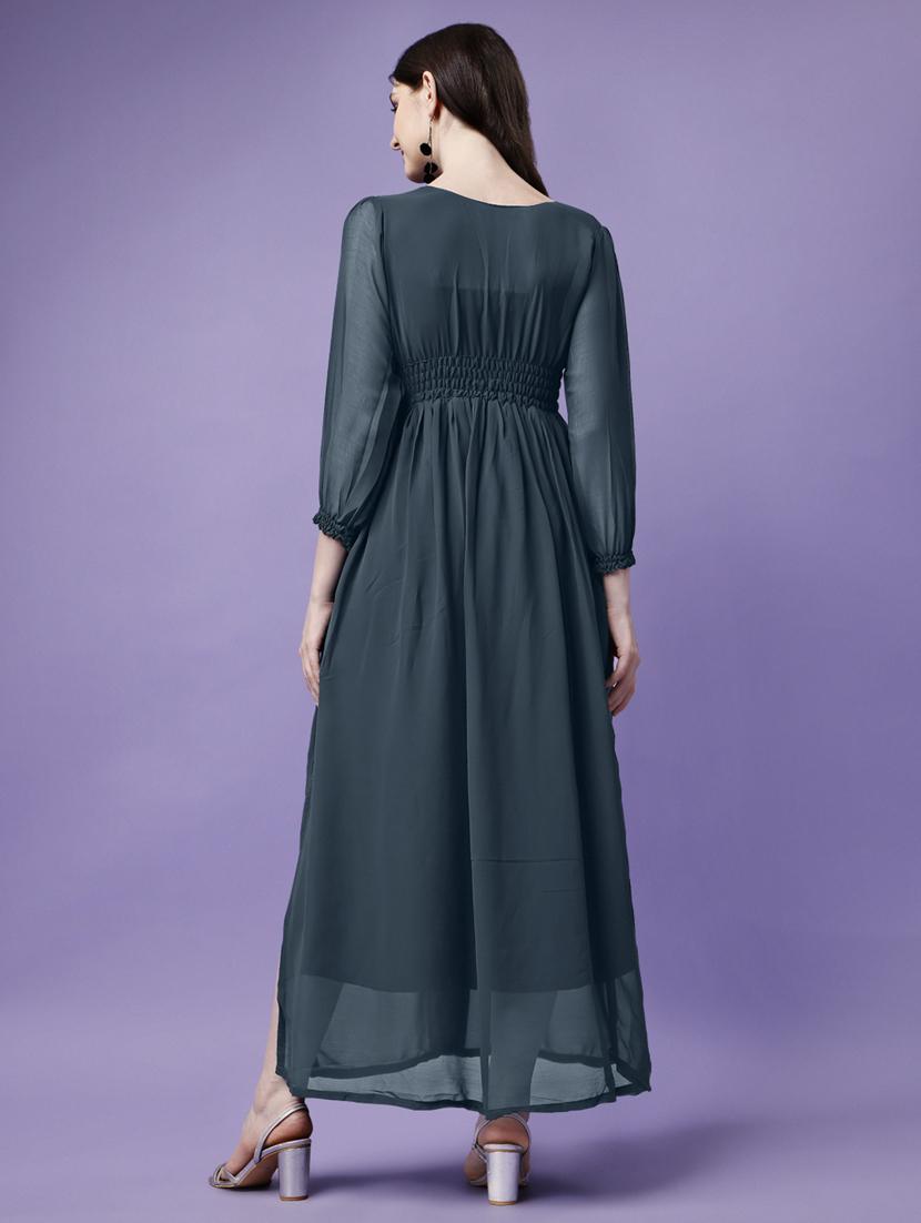 women solid puff sleeve fit & flare maxi dress - 21972626 - Standard Image - 2