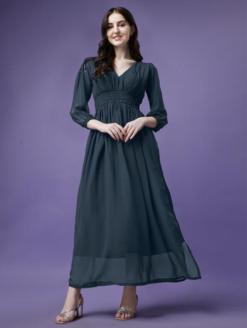 women solid puff sleeve fit & flare maxi dress - 21972630 -  Standard Image - 0