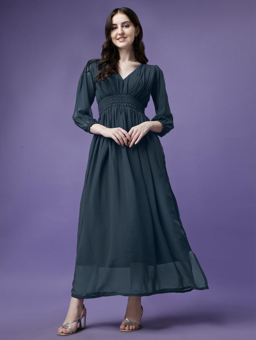 women solid puff sleeve fit & flare maxi dress - 21972630 -  Zoom Image - 0