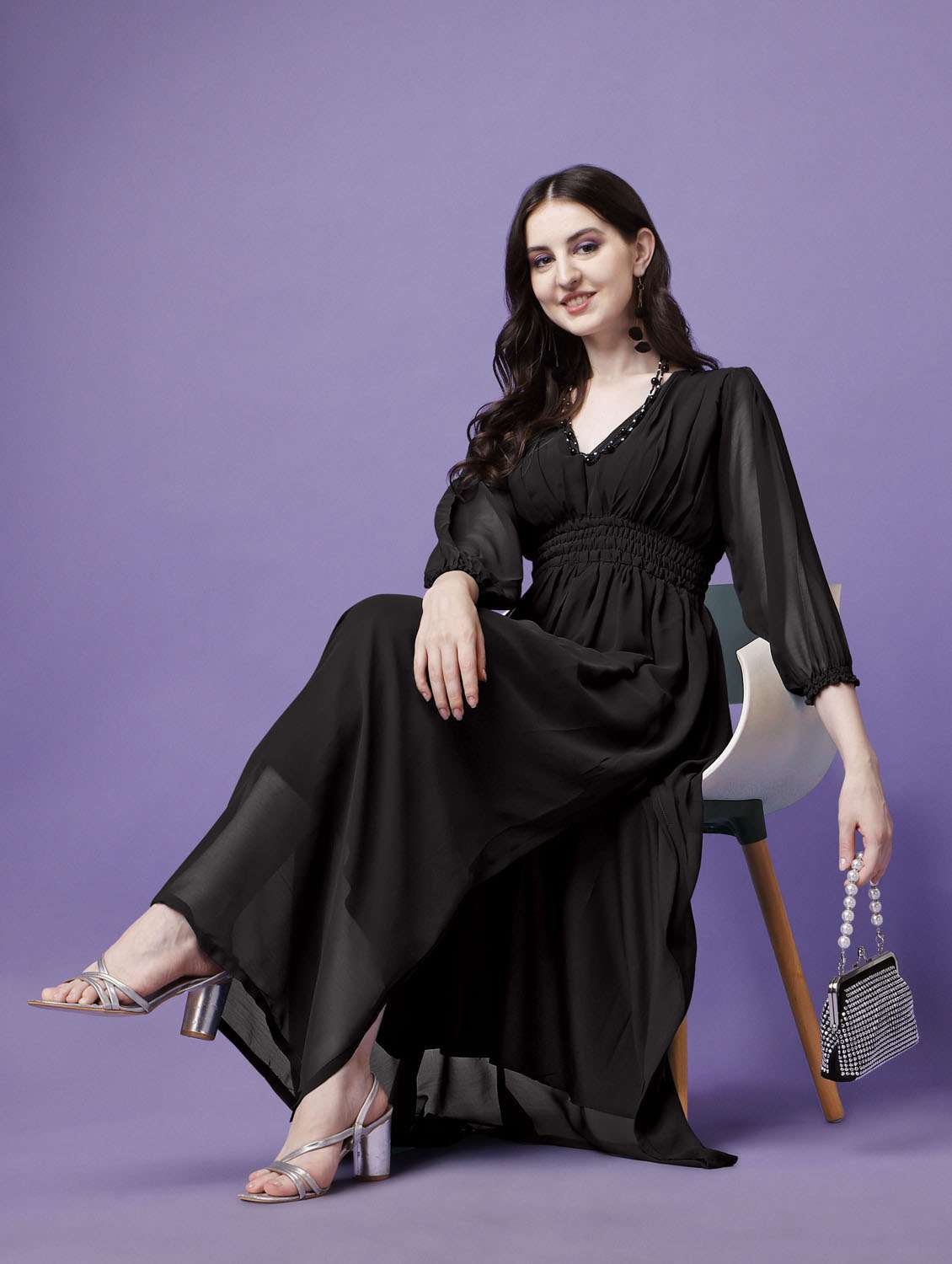 women solid puff sleeve fit & flare maxi dress