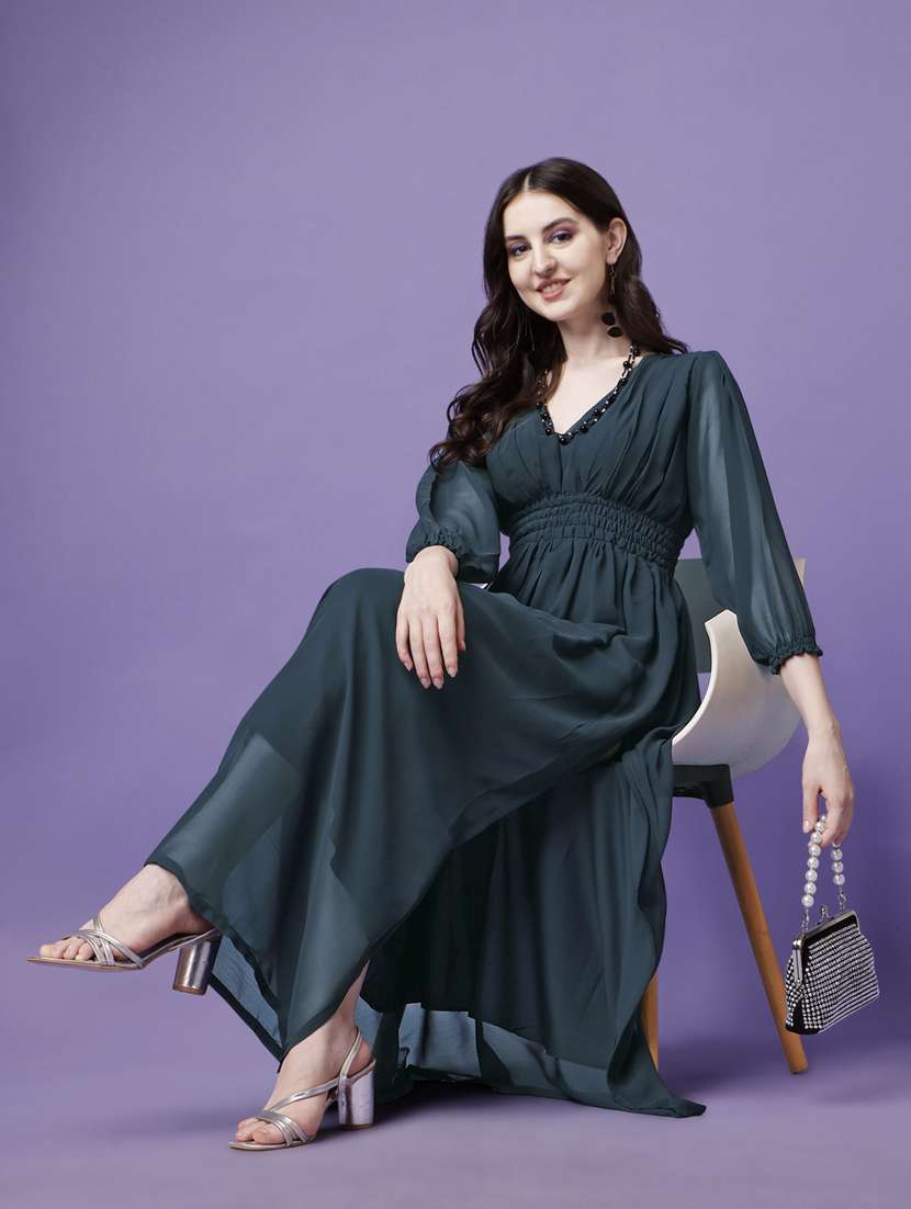 women solid puff sleeve fit & flare maxi dress