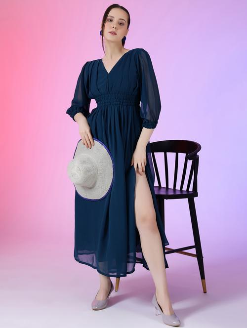 women solid puff sleeve fit & flare maxi dress - 21972634 - Standard Image - 0
