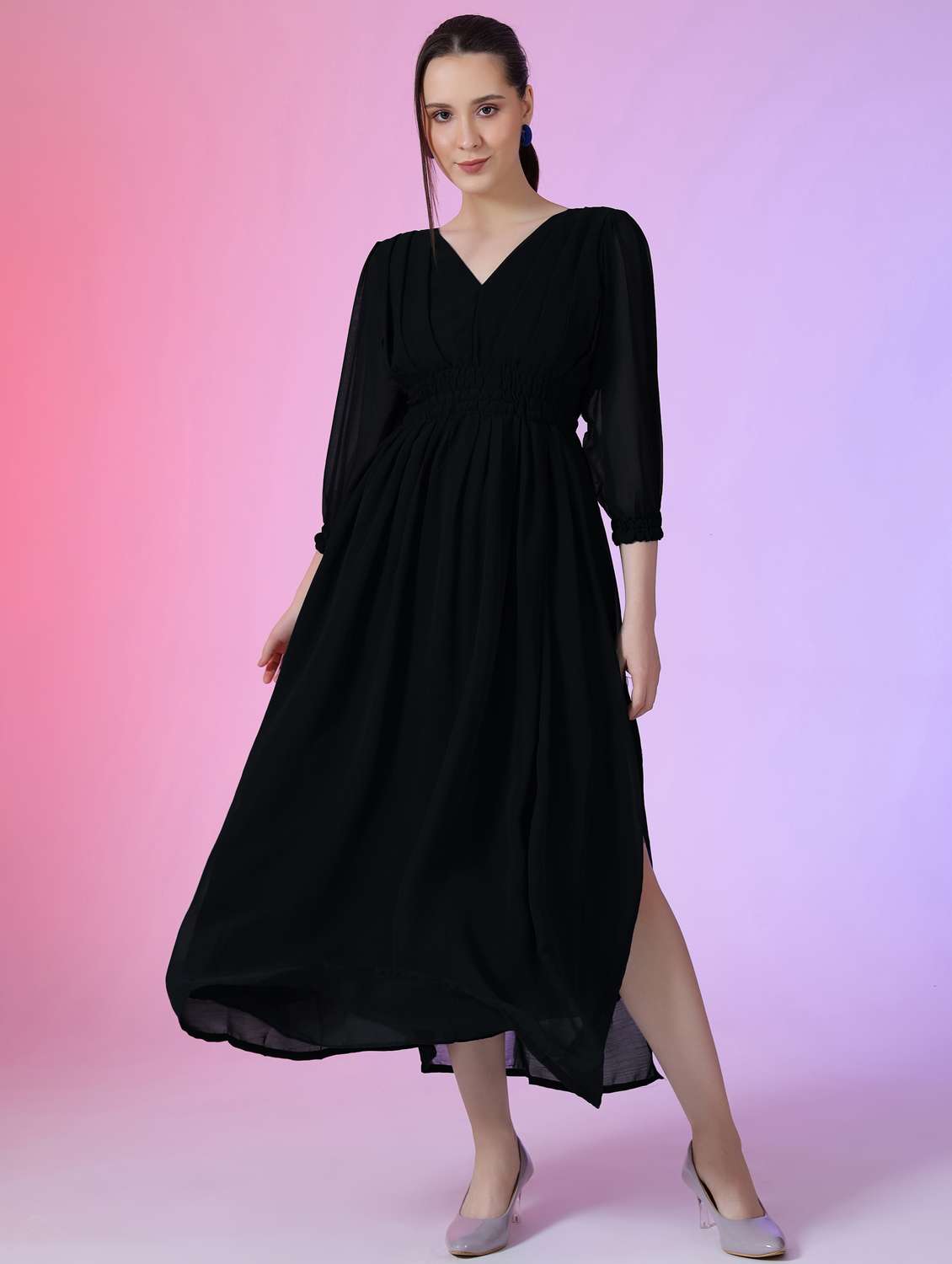 women solid puff sleeve fit & flare maxi dress