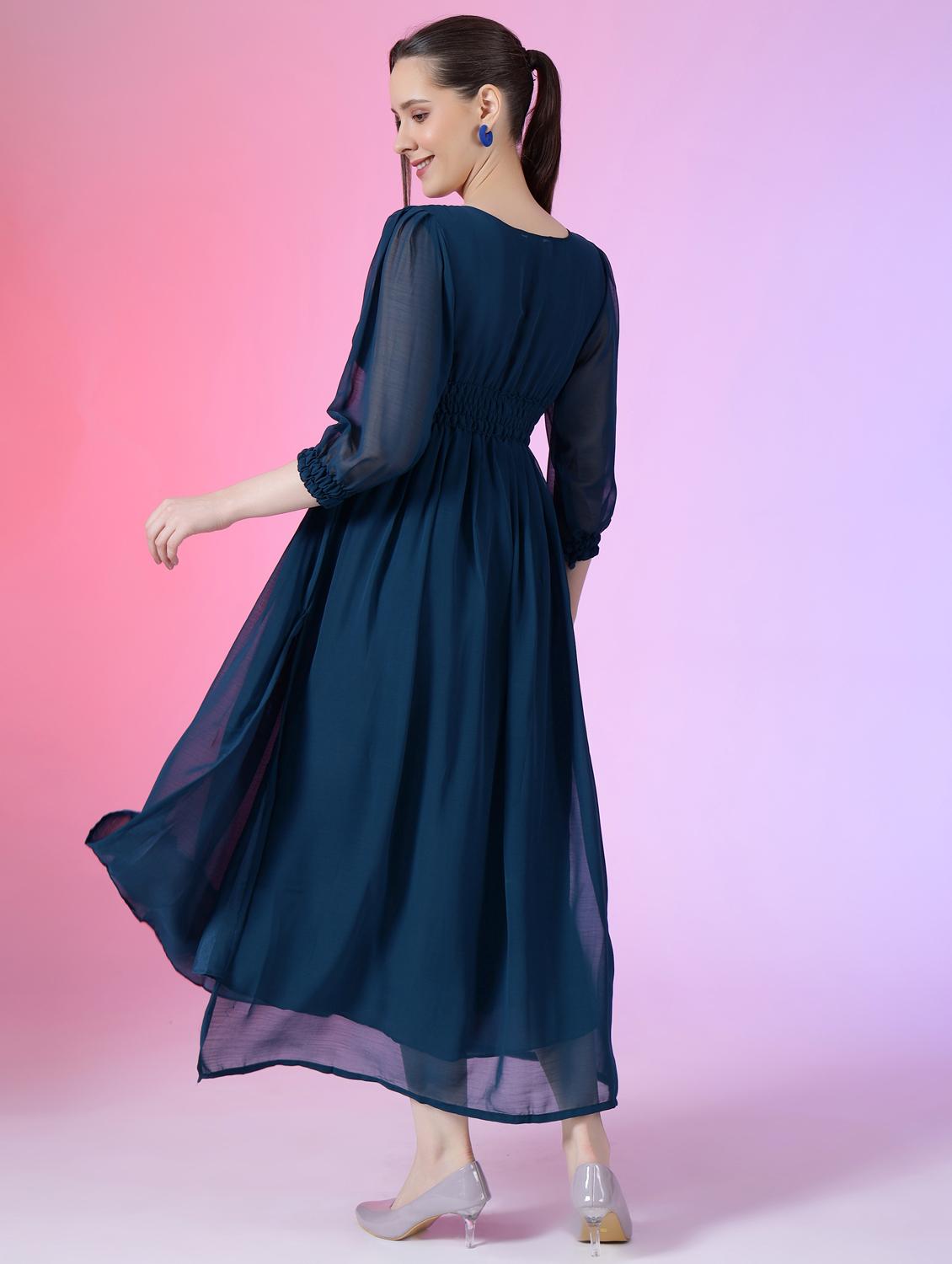 women solid puff sleeve fit & flare maxi dress - 21972638 - Standard Image - 2