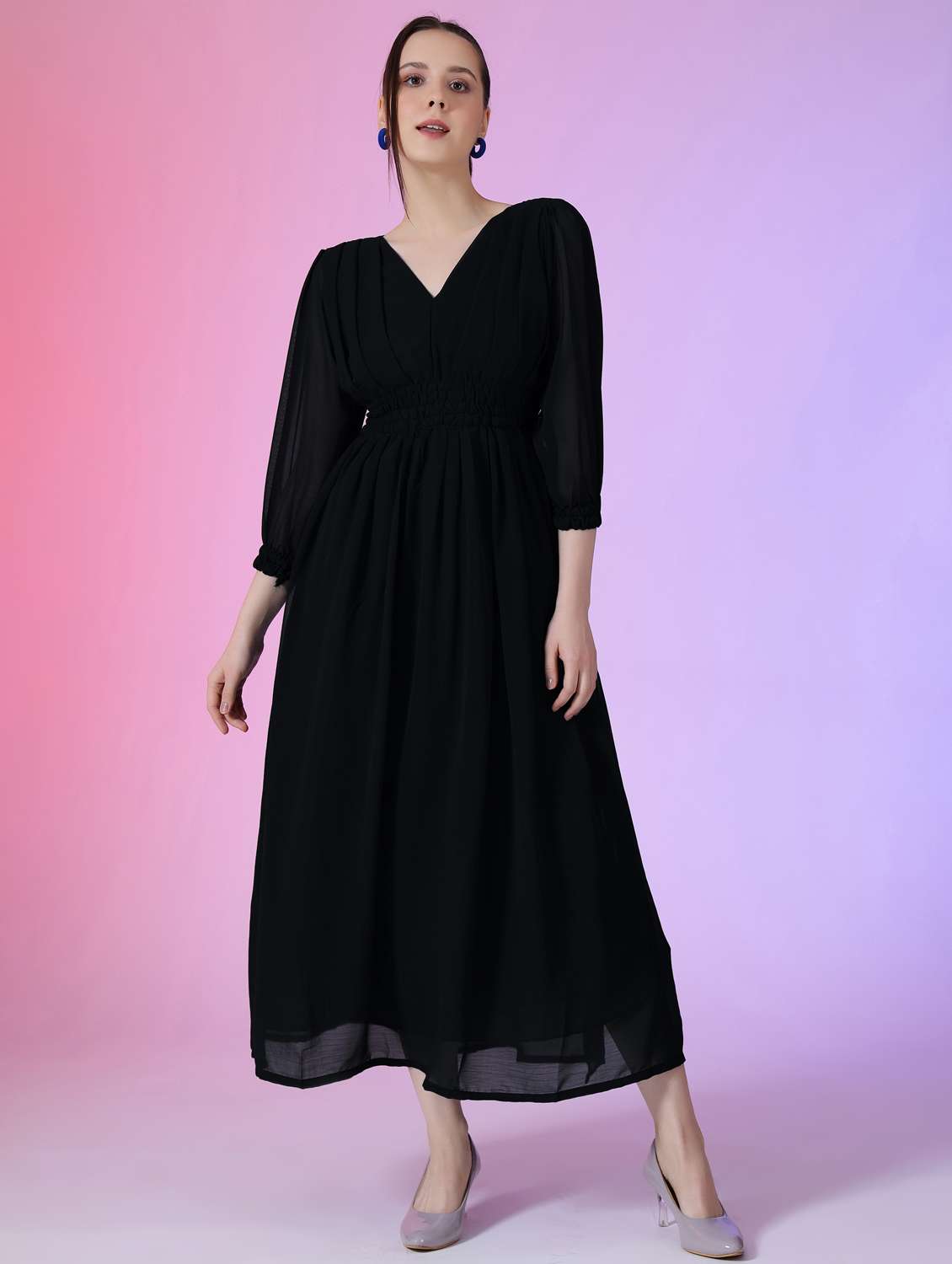 women solid puff sleeve fit & flare maxi dress