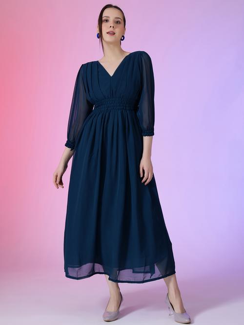 women solid puff sleeve fit & flare maxi dress - 21972640 - Standard Image - 0